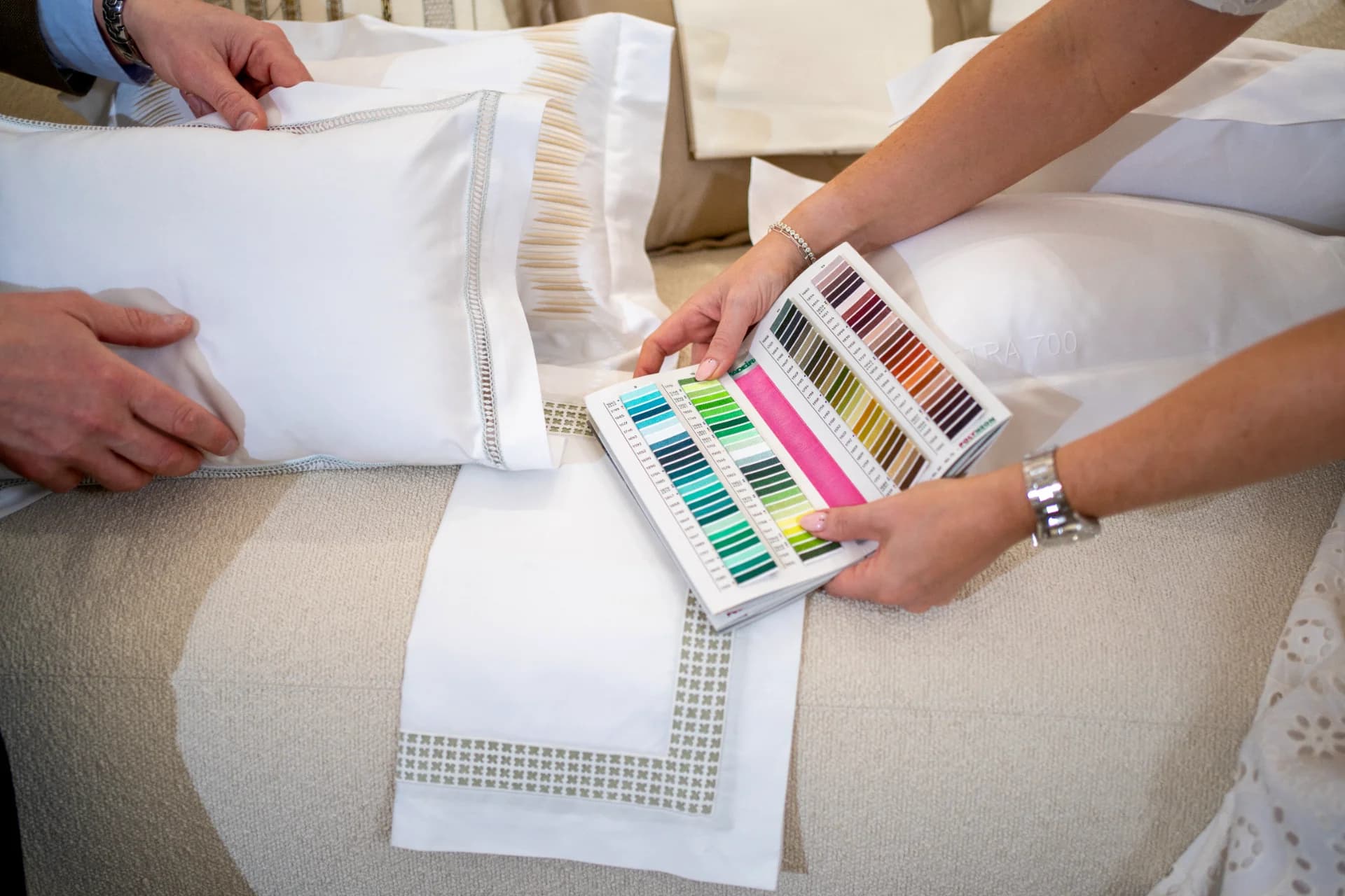 Fabric swatched in the glancy fawcett showroom for personalised appliqué and embroidery