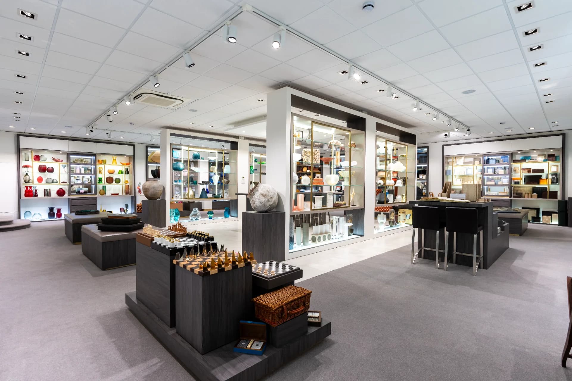 The Accessories Showroom Within The Glancy Fawcett Manchester Showroom, Featuring Custom Accessories Vases And Game Sets